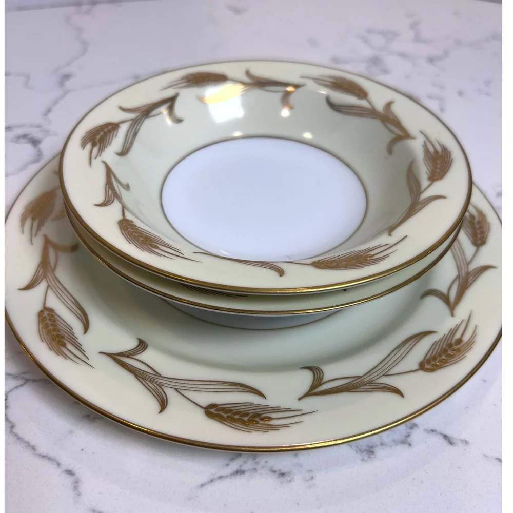 Noritake‎ China Laura 5089 Gold Wheat Salad Plate and Fruit Bowls Set of 3 Japan